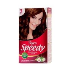 BIGEN Speedy Warm Chestnut Hårfarge Nr:3 Bigen speedy Conditioning-fargeserien  er utviklet til en rekke hårfarger som har som mål å hjelpe til med å pleie håret under farging og for å gi langvarige resultater med full dekning av grått hår.