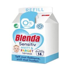 Denne refillen fra Blenda er lett å helle fra, og lett å lagre om du ikke ønsker å tømme hele. Den er parfymefri og spesielt utviklet for sensitiv hud, og skylles lett ut av tøyet så det vaskes helt rent.