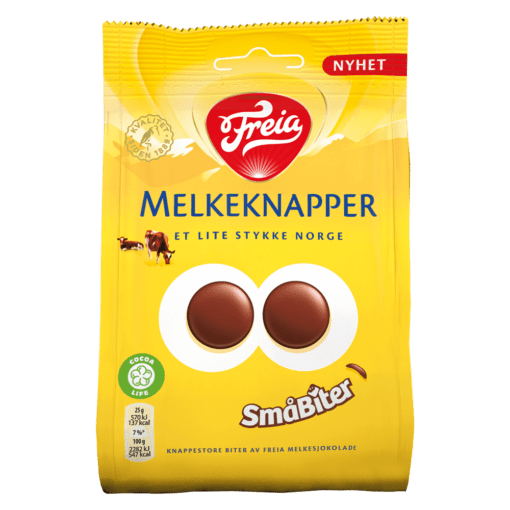 Freia Melkeknapper er små runde, tynne og delikate sjokoladepletter. Den kjente & kjære smaken av Freia Melkejsokolade i et nytt format.