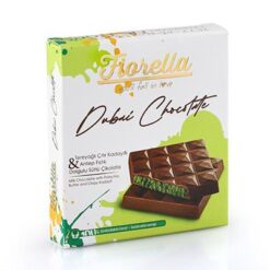 Fiorella Dubai sjokolade med smør, sprø kadayif og pistasjfyll 60 gram Produktet er tilberedt med smøraktig sprø strimlet hvete og pistasjfyll.