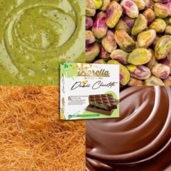 Fiorella Dubai sjokolade med smør, sprø kadayif og pistasjfyll 60 gram Produktet er tilberedt med smøraktig sprø strimlet hvete og pistasjfyll.