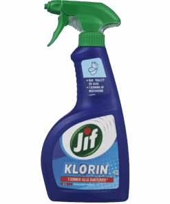 Jif Klorin Rengjøringsspray med klor gir hygienisk og grundig rengjøring. Sprayen dreper alt av bakterier og fjerner effektivt misfarging fra overflater som toalett, dusjkabinett, blandebatteri, kjøleskap og kjøkkenvask.