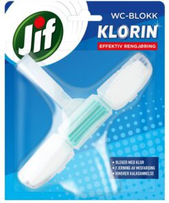 Jif Klorin WC-blokk med klor gir effektiv og hygienisk rengjøring av toalettet. WC-blokken bidrar til å fjerne misfarging, bleke flekker og forhindre kalkdannelse, slik at toalettet holder seg rent og friskt. Jif Klorin – duft av ekte renhet.