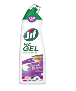 Jif WC gel har en effektiv formulering med lav pH-verdi. Toalettrensen er tyktflytende slik at den holder seg på overflaten for å sikre lengre kontakttid med overflaten, for å enkelt fjerne smuss. Bruk den også til å rengjøre og fjerne kalk fra dusj, dusjdører og flisene i dusjen.