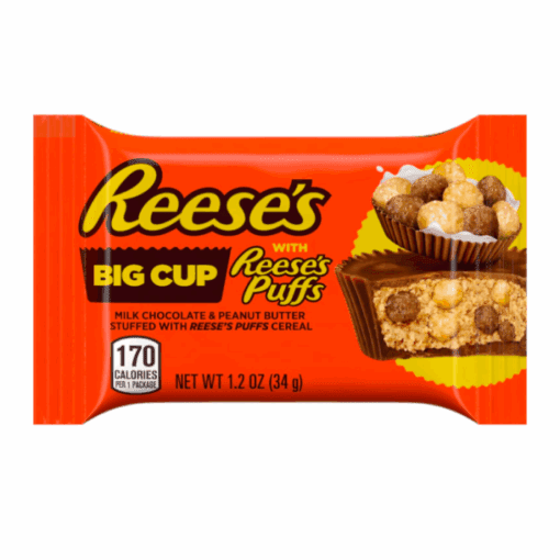 Unn deg en revolusjonerende godbit med Reese's Big Cup fylt med Reese's Puffs. Denne geniale kreasjonen kombinerer den kremete peanøttsmørrikdommen til Reeses signaturkopper med den herlige crunchen av Reese's Puffs frokostblandinger.