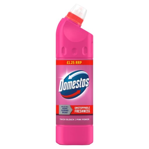 Domestos Pink Power Thick Bleach rengjør og desinfiserer overflater rundt hjemmet ditt Domestos-blekemiddel er ustoppelig i kampen mot bakterier og eliminerer 99,99 % av bakterier og virus*.