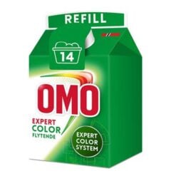 Høykonsentrert flytende vaskemiddel . Løser seg lett i vann, og egner seg derfor godt til korte vaskeprogrammer, lave temperaturer og håndvask. Bevarer fargene over tid. OMO Color Farge Flytende er en serie tøyvaskemidler som inneholder Xpert Flekkfjerningssystem.