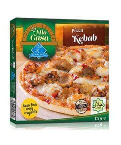Tynnskorpe pizza, laget med tomat, mozzarella og kylling kebabkjøtt. Format 6 enheter. Produkt med HALAL-sertifisering.