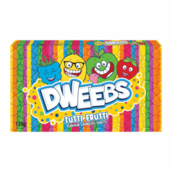 Dweebs Tutti Frutti er en underholdende smakseksplosjon for alle godterielskere. Disse små, fargerike godteribitene leverer en blanding av deilige fruktige smaker i hvert tygg. Med en leken og myk konsistens er Dweebs et morsomt og tilfredsstillende godterialternativ. Uansett om du liker å blande smaker eller nyte dem én etter én, gir Dweebs Tutti Frutti en variert og spennende smaksopplevelse. Perfekt for deling, latter og å tilfredsstille godtesuget ditt med en eksplosjon av tutti frutti-glede.