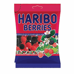HARIBO Berries Bær Godteri 80G Hver pose med HARIBO bær inneholder en liten busk med røde og svarte bær rett utenfor en HARIBO bærbuske!