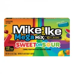 Mike & Ike Mega Mix Sweet & Sour tilbyr et spennende utvalg av smaker som kiler smaksløkene med en perfekt balanse mellom sukkerholdig sødme og munnpirrende surhet.