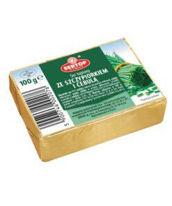 ost med gressløk og løkterning 100g. Bearbeidede oster produseres basert på oppskrifter som har vært bevist i mange år. Takket være det brede spekteret av smaker, kan de brukes ikke bare til smørbrød, men også til å tilberede ulike typer desserter, dipper eller supper.