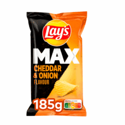 Lay's MAX Cheddar & Løk er deilige ribbepotetgull med sterk smak med den deilige smakskombinasjonen ost og løk. MAX crunch, MAX smak! Lays MAX Crunch Cheddar & Onion er ekstra tykke og sprø chips med intens smak av moden cheddarost og søt løk. Den kraftigere strukturen gir et mettende crunch og den velbalanserte kombinasjonen av ostens fyldige smak og løkens mildhet skaper en perfekt smaksopplevelse.