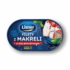 Saltede makrellfileter, dampet med skinn i tomatsaus. Polske makrellfileter i tomatsaus. Sterilisert hermetisk fisk. Den fungerer utmerket som mellommåltid om dagen. Høyt innhold av omegasyrer.