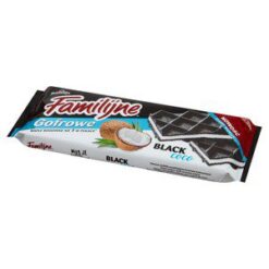 Den svarte og lette vaffelteksturen til Familijne BLACKcoco er lagdelt med en luftig krem ​​med høyt innhold av kokosflak. Produktet skylder sin unike farge til et naturlig karbonbasert fargestoff.