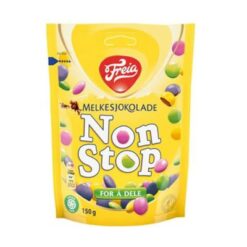 Nå med julepynt. Freia Non Stop Melkesjokolade er fargerike linser av Freia Melkesjokolade. Perfekt til is, kakepynt eller når du bare vil ha noe godt. Freia Non Stop Melkesjokolade er fargerike linser av Freia Melkesjokolade. Perfekt til is, kakepynt eller når du bare vil ha noe godt.