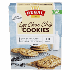 Lag sprø og deilige chocolate chip cookies med Regal kakemiks. Enkel å bruke, tilsett bare romtemperert smør og litt vann for å få perfekte cookies hver gang. Perfekt for koselige stunder og kaffepauser. Imponerende godt, helt enkelt!