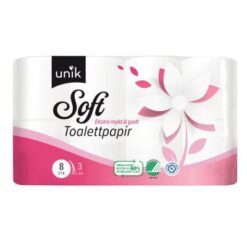 3-lags toalettpapir fremstilt av 100% nyfiber. Tre lag gjør papiret sterkt, og den unike pregningen gjør det mykt.