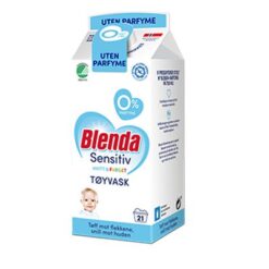 BLENDA Sensitiv Flytende Tøyvask 750 ml Blenda Sensitiv flytende tøyvask for hvitt og farget tøy i praktisk kartong med helletut! Et parfymefritt og allergivennlig vaskemiddel som er effektiv mot tøffe flekker. Tøyvaskemiddelet er utviklet for sensitiv hud og anbefalt av Asthma Allergy Nordic. Spesielt godt egnet til å vaske babytøy. Svanemerket.