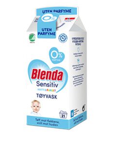BLENDA Sensitiv Flytende Tøyvask 750 ml Blenda Sensitiv flytende tøyvask for hvitt og farget tøy i praktisk kartong med helletut! Et parfymefritt og allergivennlig vaskemiddel som er effektiv mot tøffe flekker. Tøyvaskemiddelet er utviklet for sensitiv hud og anbefalt av Asthma Allergy Nordic. Spesielt godt egnet til å vaske babytøy. Svanemerket.
