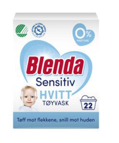 BLENDA Sensitiv Tøyvask Hvitt Pulver 950 g Blenda Essensiell Hvitt er et parfymefritt vaskemiddel som er tøff mot flekkene og skånsom mot huden. Vasker effektivt rent og holder hvitt tøy hvitt. Vaskepulveret inneholder ingen fargestoffer.