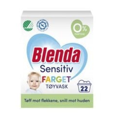 BLENDA Sensitiv Tøyvask Farget Pulver 950 g Blenda Sensitiv Farget pulver er et parfymefritt tøyvaskemiddel som er tøff mot flekkene og skånsom mot huden. Et allergivennlig vaskemiddel som er utviklet spesielt for sensitiv hud, Svanemerket og anbefalt av Astma Allergy Nordic.