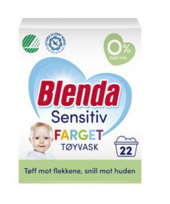 BLENDA Sensitiv Tøyvask Farget Pulver 950 g Blenda Sensitiv Farget pulver er et parfymefritt tøyvaskemiddel som er tøff mot flekkene og skånsom mot huden. Et allergivennlig vaskemiddel som er utviklet spesielt for sensitiv hud, Svanemerket og anbefalt av Astma Allergy Nordic.