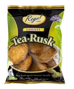 REGAL Tea Rusk Soonfi Soonfi Tea Rusk is available to buy in increments of 1 What’s better than double-baked tea rusk? Tea rusk with a twist of soonf (fennel seeds).