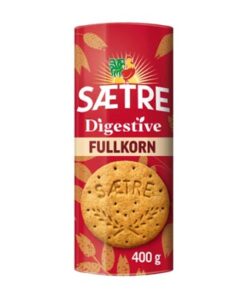 SÆTRE Digestive Kjeks Fullkorn 400 g Den klassiske Digestive-kjeksen med 49% fullkorn. Perfekt til baking av ostekaker, eller bare å spise som den er.
