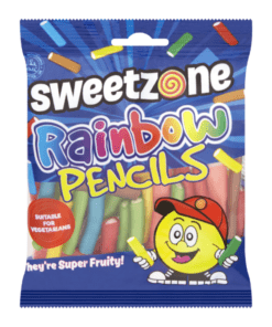Sweetzone Fizzy Rainbow Pencils har et hardt ytre og et mykt interiør. De har en deilig tuttifrutti-smak, med sukkerbelegg på toppen. De er også halal-sertifisert. Den hendige emballasjen søtsakene kommer i gjør at du enkelt kan lukke og oppbevare dem.
