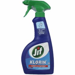 Jif Klorin Rengjøringsspray med klor gir hygienisk og grundig rengjøring. Sprayen dreper alt av bakterier og fjerner effektivt misfarging fra overflater som toalett, dusjkabinett, blandebatteri, kjøleskap og kjøkkenvask.
