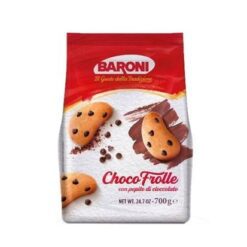 BARONI Biscotti Choco Frolle 700 g Choco Frolle er gylne dråpeformede sandkakekjeks som inneholder deilige dråper mørk sjokolade. Ideell for en rikholdig frokost eller søt mellommåltid, kan du ledsage dem med te eller varm melk, avhengig av dine preferanser.