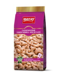 MERAY Cashewnøtter Risted&Salted 300 g Cashew-kjerner er saltet og stekt med ekstrem forsiktighet. Smaken skaper en ekte entusiasme blant snacksene.