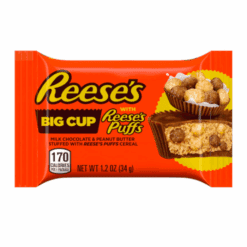 Unn deg en revolusjonerende godbit med Reese's Big Cup fylt med Reese's Puffs. Denne geniale kreasjonen kombinerer den kremete peanøttsmørrikdommen til Reeses signaturkopper med den herlige crunchen av Reese's Puffs frokostblandinger.