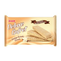 ULKER Deluxe Vaffelkjeks Vanilje&Hasselnøtt Smak Ülker Gofret er et lett og deilig alternativ for å tilfredsstille søtsuget med sin sprø vaffel og deilige vaniljekrem inni.